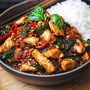 Menu55 - Smažené pikantní ryby a mořské plody s bazalkovou omáčkou a rýží